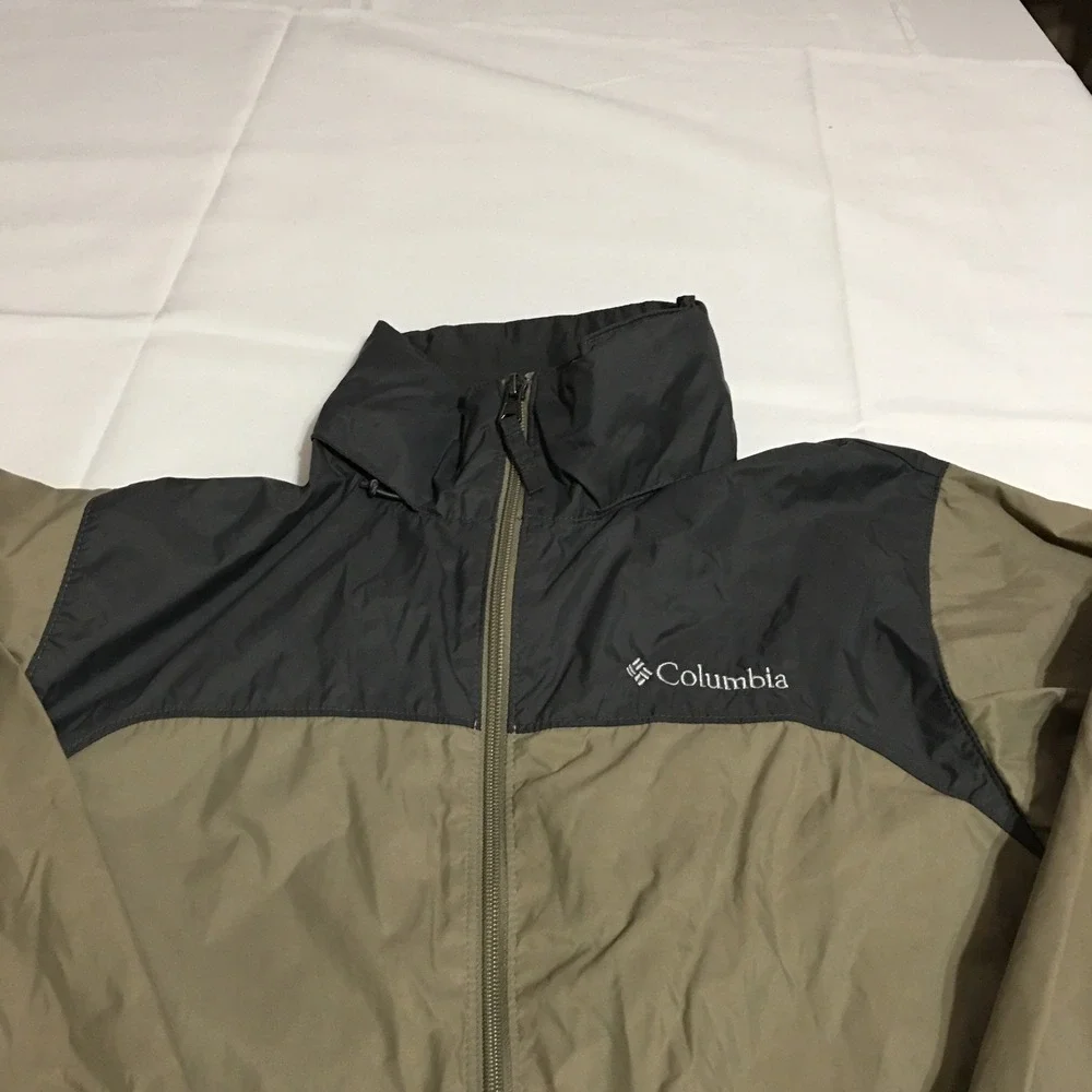 Columbia Windbreaker Mens Small Green Gray Colorblock Full Zip Packable Hood